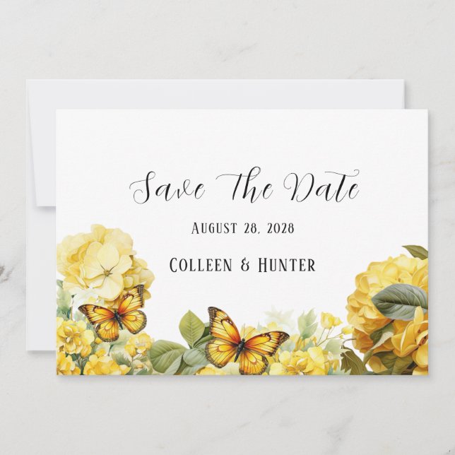  Yellow Hydrangea Butterfly Save The Date Cards (Front)