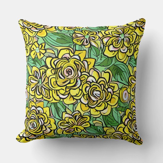 Yellow Illustration Style Floral Pattern Throw Pillow (Front)