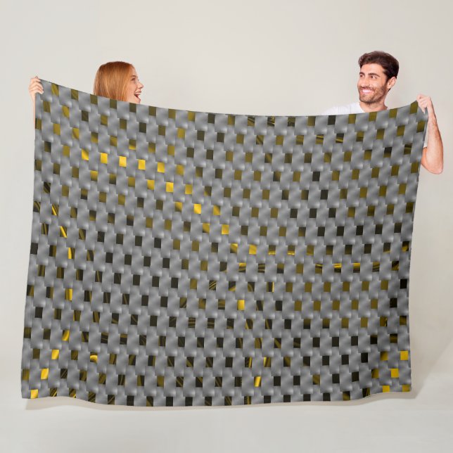 Yellow image under grey plates, oblong squares fleece blanket (In Situ)