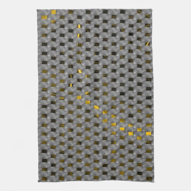 Yellow image under grey plates, oblong squares kitchen towel (Vertical)
