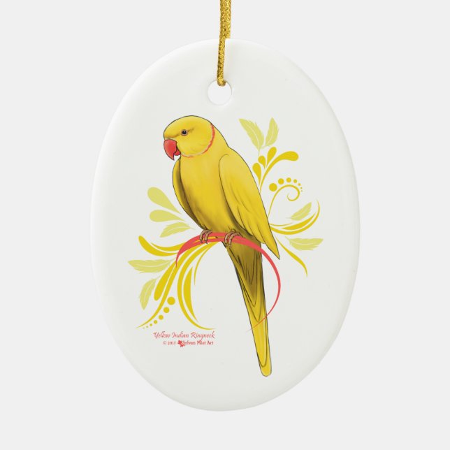 Yellow Indian Ringneck Parrot Ceramic Ornament (Front)