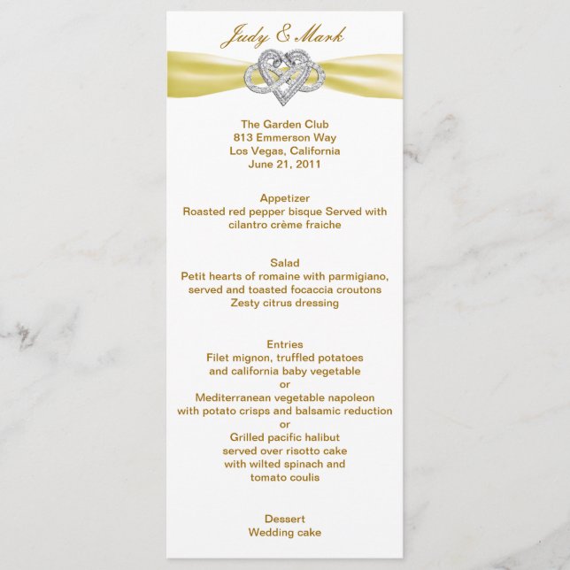 Yellow Infinity Heart Wedding Menu Card (Front)
