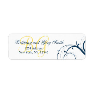 Yellow Initial, Blue Swirls Wedding Address Labels
