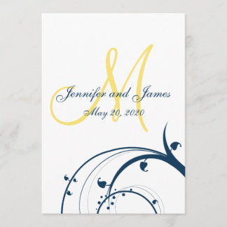 Yellow Initial, Blue Swirls Wedding Invitation