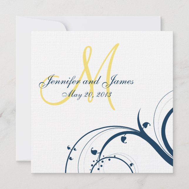 Yellow Initial, Blue Swirls Wedding Invitation (Front)