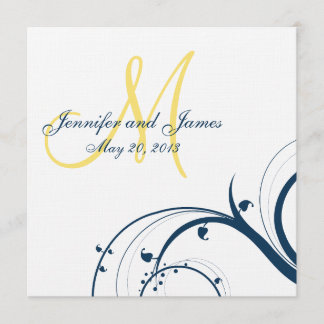 Yellow Initial, Blue Swirls Wedding Invitation