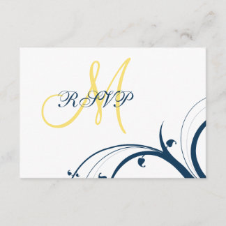 Yellow Initial, Blue Swirls Wedding RSVP Card