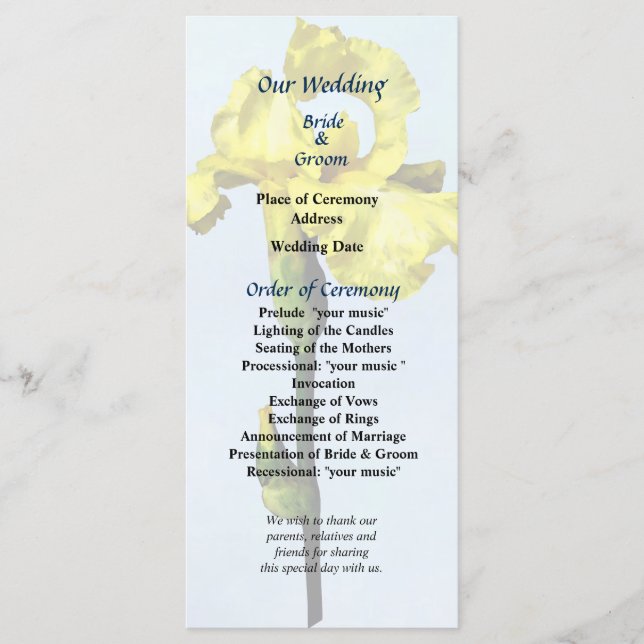 Yellow Iris and Bud Wedding Program (Front)