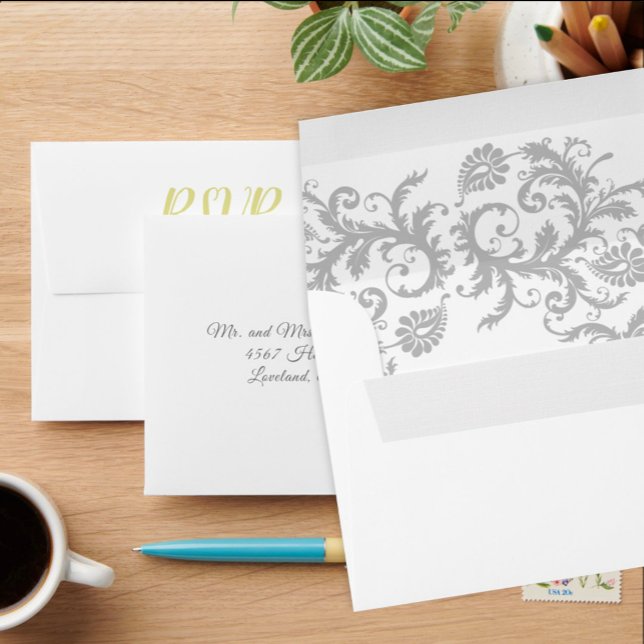 Yellow Iris and Grey Damask Wedding RSVP Envelopes (Creator Uploaded)