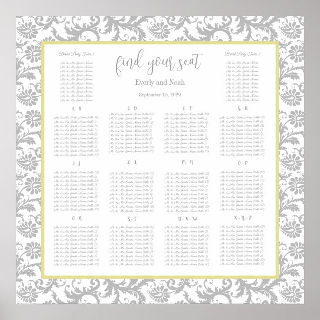 Yellow Iris and Grey Seating Chart Alphabetical (Front)