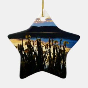 Yellow Iris at Lake Arrowhead shore Ceramic Ornament