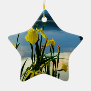 Yellow Iris at Lake Shore Ceramic Ornament