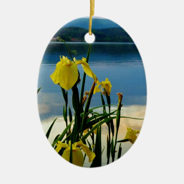 Yellow Iris at Lake Shore Ceramic Ornament (Front)