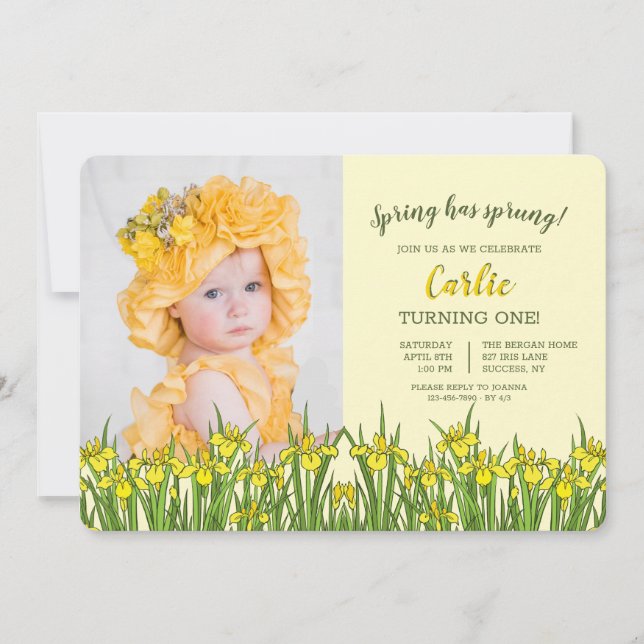Yellow Iris Photo Birthday Invitation (Front)