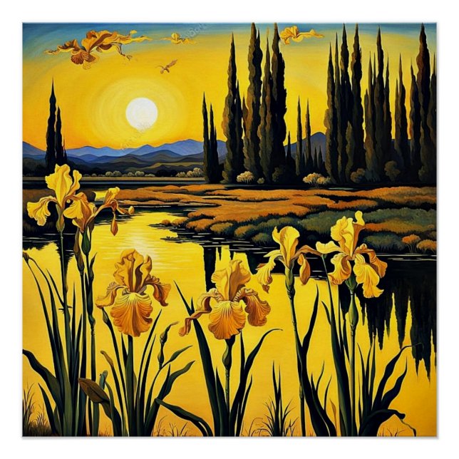 Yellow Irises by a pond Poster (Front)