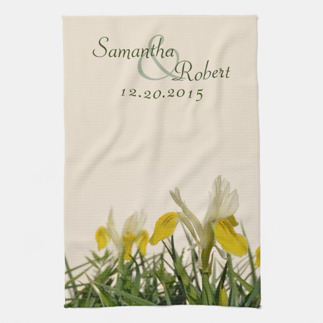 Yellow irises on cream kitchen towel (Vertical)