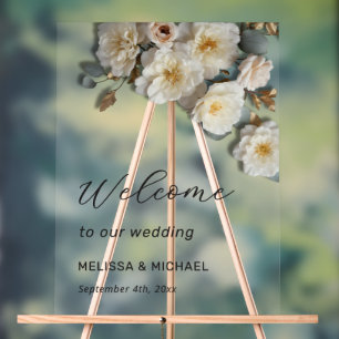 Yellow Ivory 3D Flowers Roses Wedding Welcome Acrylic Sign