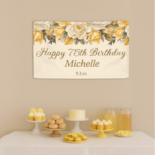 Yellow Ivory Cream Floral Happy 75th Birthday Banner (Yellow and cream-colored floral 75th birthday party banner)