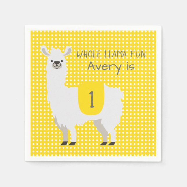 Yellow & Ivory Cute Llama Baby 1st Birthday Napkin (Front)