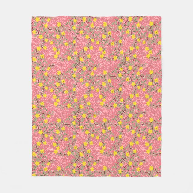 Yellow Jasmine Flower on Coral Pink Fleece Blanket (Front)