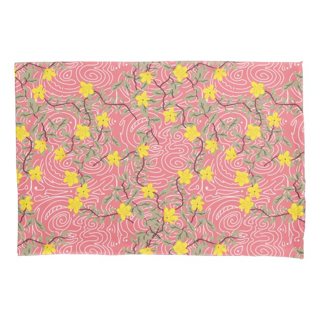 Yellow Jasmine Flower on Coral Pink Pillowcase (Front-Left)