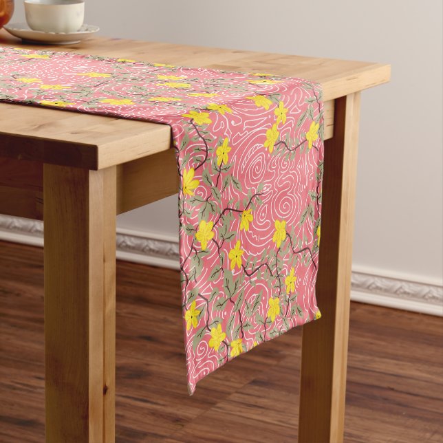 Yellow Jasmine Flower on Coral Pink Short Table Runner (In Situ)