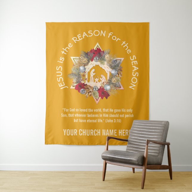 Yellow JESUS IS THE REASON Christmas Tapestry (In Situ)