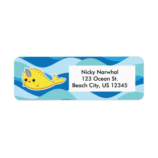 Yellow Kawaii Narwhal Étiquettes de adresse (Devant)