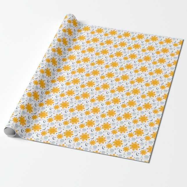 Yellow kawaii suns with stars, moons and clouds wr wrapping paper (Unrolled)