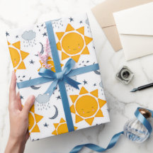 Yellow kawaii suns with stars, moons and clouds