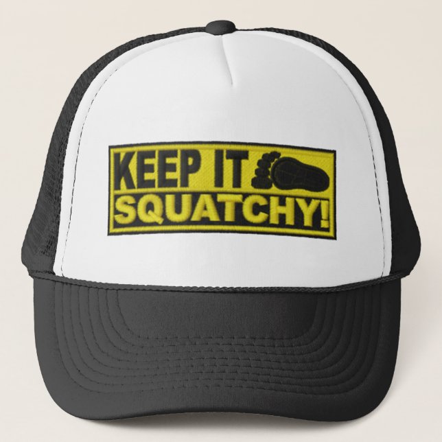 Yellow KEEP IT SQUATCHY!  "embroidered-look" print Trucker Hat (Front)