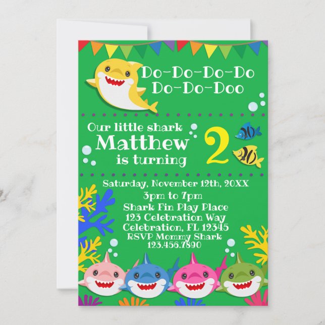 Yellow Kids Shark Green Birthday Invitation (Front)