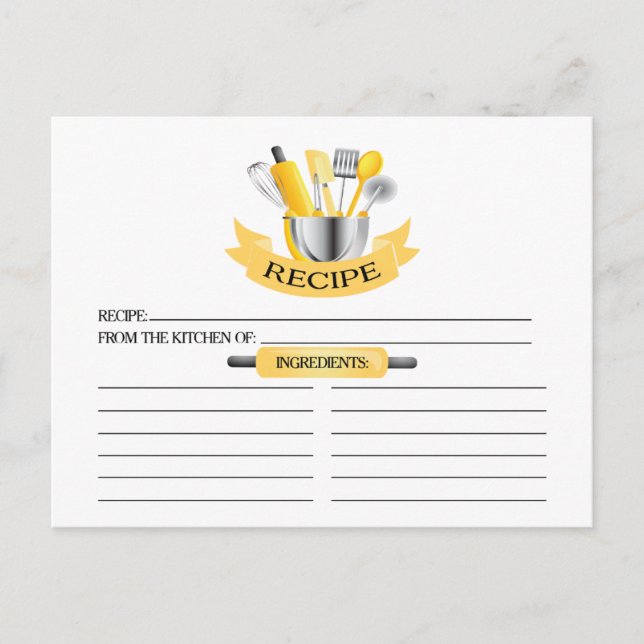 Yellow Kitchen Tools Bridal Shower Recipe Cards (Front)