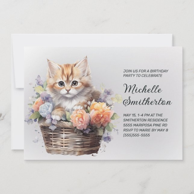 Yellow Kitten Basket Flowers Women's Birthday  Invitation (Front)