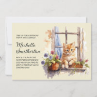 Yellow Kitten Window Flowers Birthday 