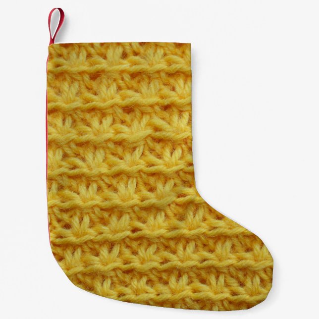 Yellow knitted fabric: striped texture. small christmas stocking (Front)