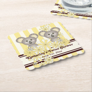 Yellow Koala Twin Baby Shower / Kids Birthday Paper Coaster