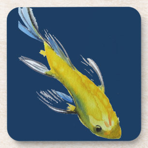 Yellow koi Japanese carp watercolour art fish Coaster