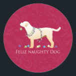 Yellow Lab Christmas Feliz Naughty Dog Classic Round Sticker<br><div class="desc">Yellow lab and White lab Christmas designs. This side view silhouette can also represent: Lab, Yellow Lab, Black Lab, Chocolate Lab, White lab, Labrador Retriever, Chessy, Chessie, Chesapeake, Chesapeake Bay Retriever, Rhodesian, Ridgeback, Curly Retriever, Curly Coated Retriever, Beauceron, Austrian Pinscher, Akbash, Blue Lacy, Chinook, Mountain Cur, Pudlepointer, Puddle Pointer, Poodle...</div>