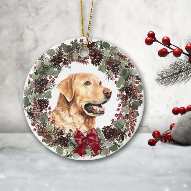 Yellow Lab Dog Pinecone Wreath Personalized Ceramic Ornament (Creator Uploaded)