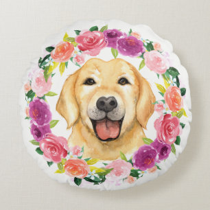 Yellow Lab Dog with Floral Wreath Pillow