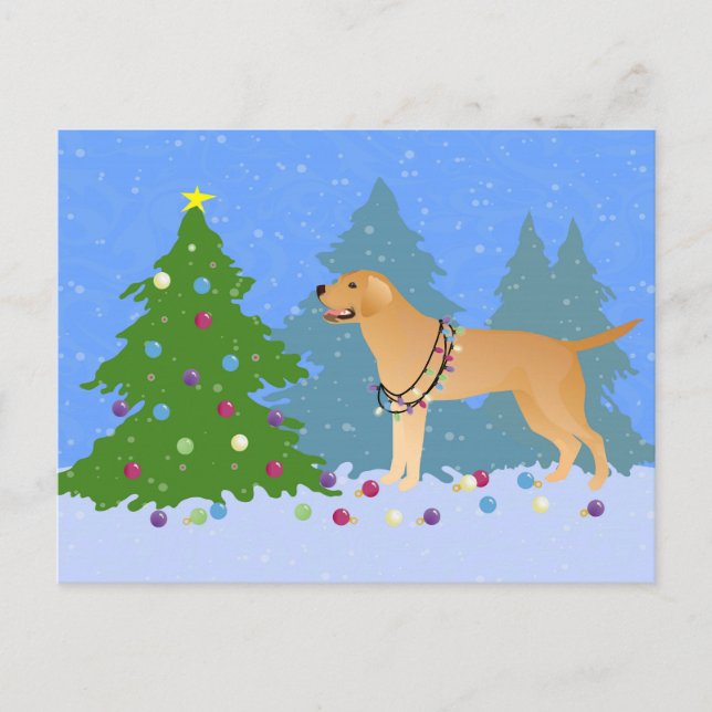 Yellow Lab in the Forest Decorating Christmas Tree Holiday Postcard (Front)