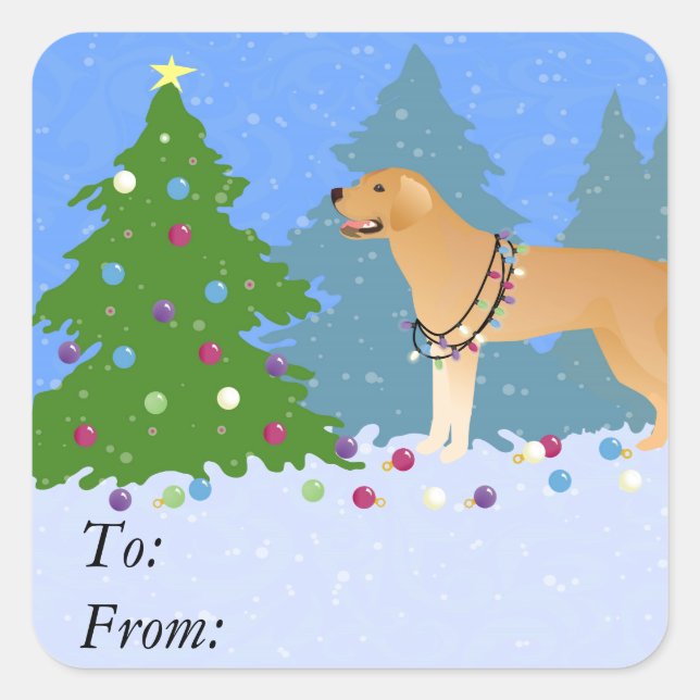 Yellow Lab in the Forest Decorating Christmas Tree Square Sticker (Front)