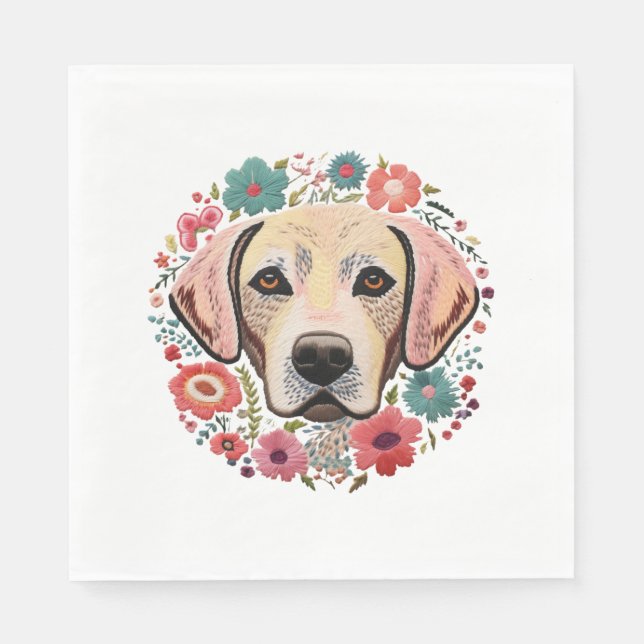 Yellow Lab Labrador with flowers floral Embroidery Napkin (Front)