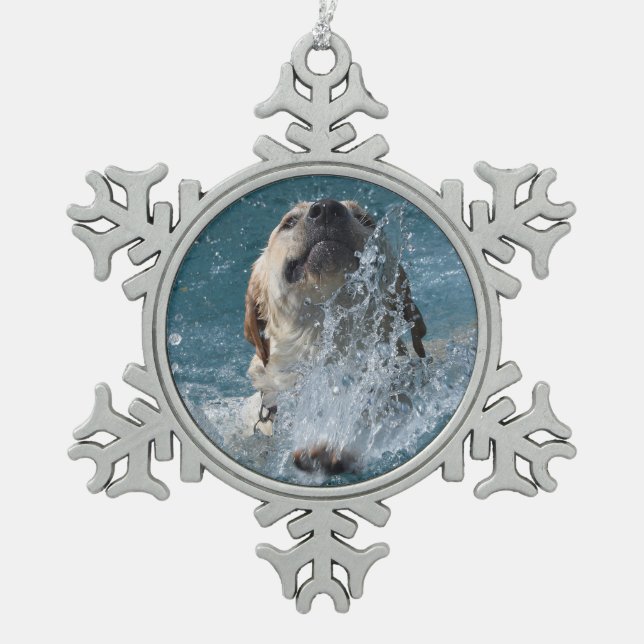 Yellow Lab Making A Splash Swimming Snowflake Pewter Christmas Ornament (Front)