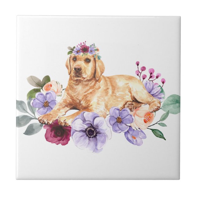 Yellow Lab Playing in Flowers Ceramic Tiles (Front)
