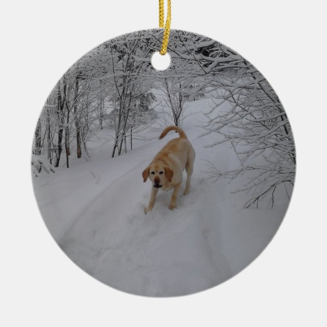 Yellow Lab Playing in Fresh Winter Snow Ceramic Ornament (Front)
