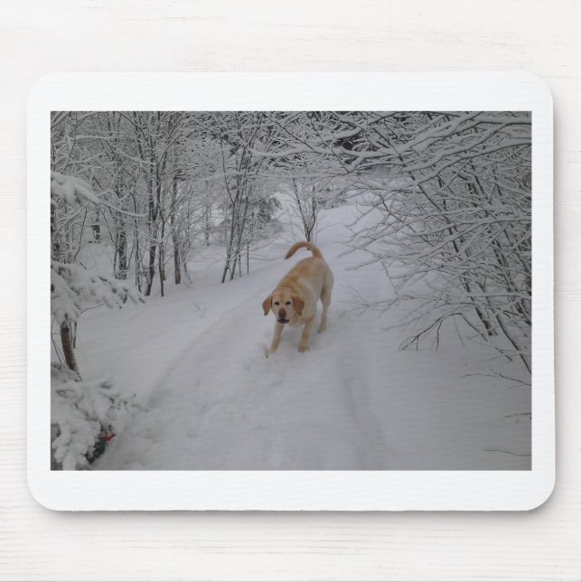 Yellow Lab Playing in Fresh Winter Snow Mouse Pad (Front)
