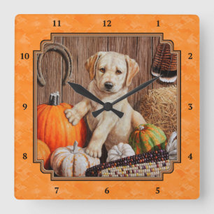 Yellow Lab Pup and Pumpkin Harvest Orange Square Wall Clock
