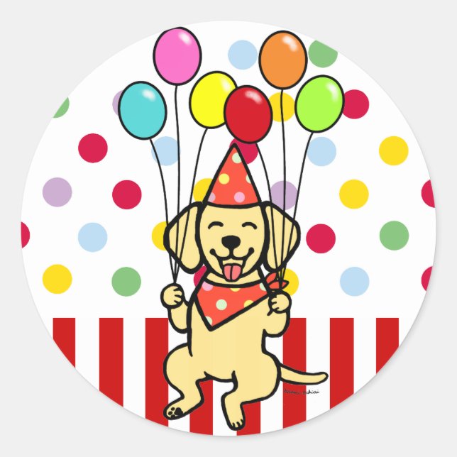 Yellow Lab Puppy Birthday Balloons Classic Round Sticker (Front)